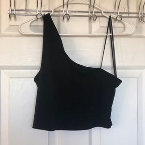 One shoulder black top